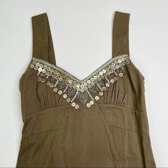 Together Lagenlook Boho Hippie Olive Green Metal Sequin Distressed Ruffled Dress - Picture 3 of 13